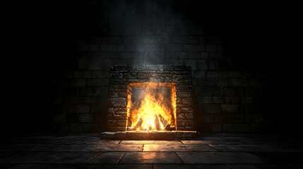 Fototapeta premium Realistic Fireplace Burning Brightly with Glowing Flames in Dark Brick Interior with Spotlight