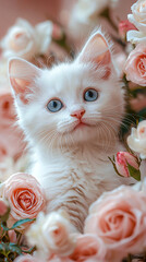 Adorable white Kitten Amid Pink Roses on Wide Banner – Luxurious and Romantic
