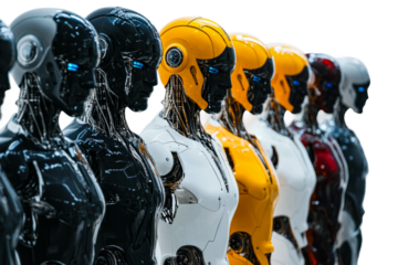 Robotic display of futuristic androids showcase modern isolated on transparent background