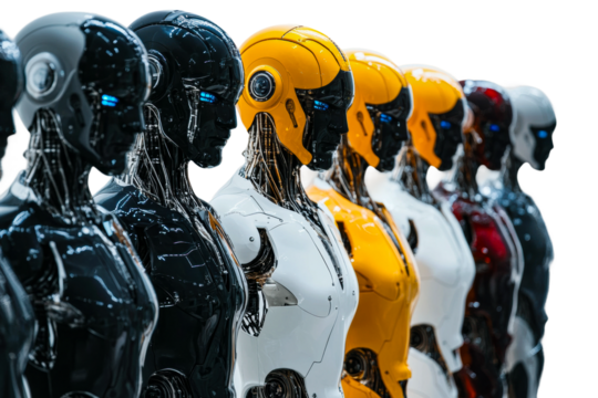 Robotic display of futuristic androids showcase modern isolated on transparent background