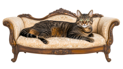 Tabby cat rests on antique couch, opulent style, cut out transparent