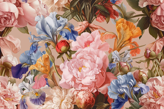 Seamless vector pattern with peony and iris flowers isolated on a changeable background. Vintage painting style illustration.