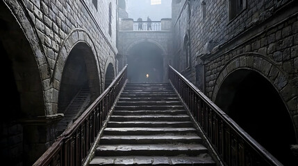 Obraz premium Ancient Stone Staircase Leads Through Dark Tunnel Lit with Light