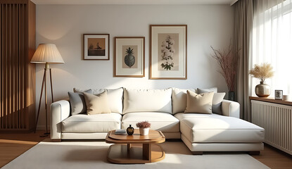 Stylish Living Room Interior with Modular White Sofa and Wooden Furniture
