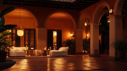 Warmly lit patio with arched walkways, white sofas, and terracotta flooring at night.