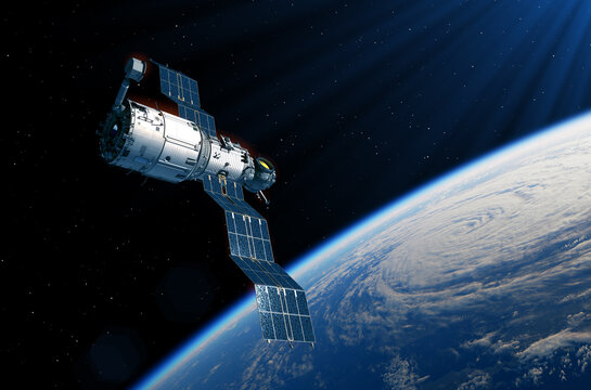 Space station deploys solar panels over planet Earth. 3d illustration.