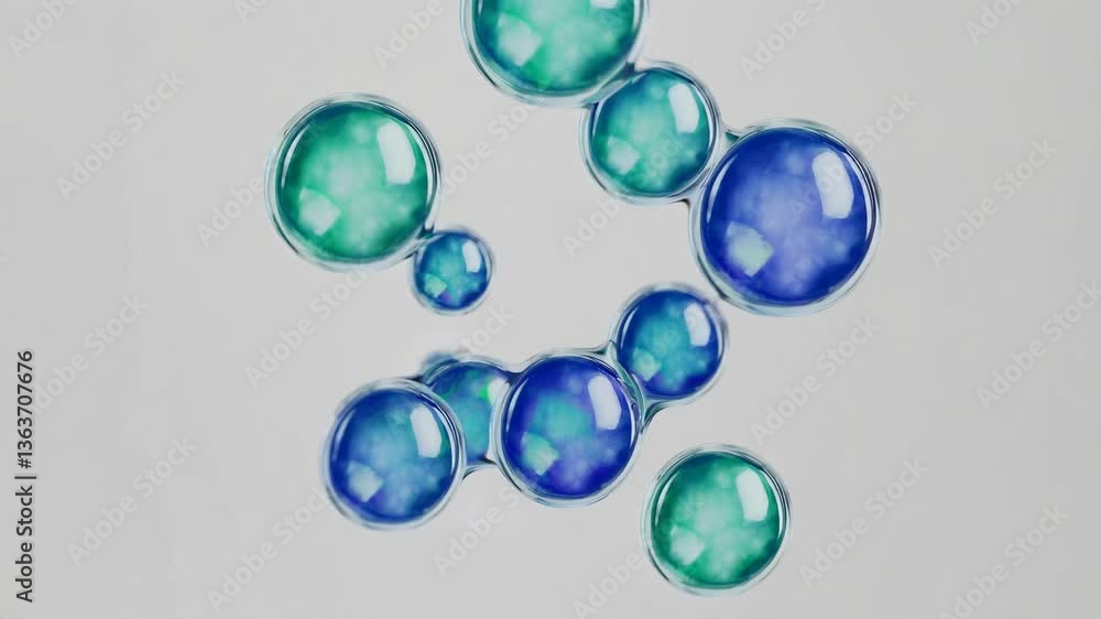 Poster aerial view of floating blue and green bubbles on a white background, creating a serene and abstract