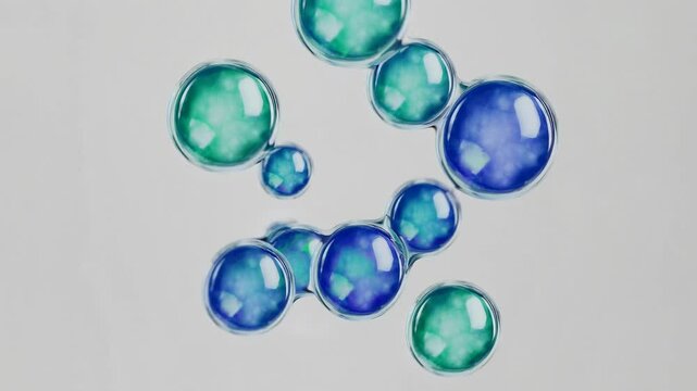 Aerial view of floating blue and green bubbles on a white background, creating a serene and abstract video concept with a minimalist style. Live desktop wallpaper.
