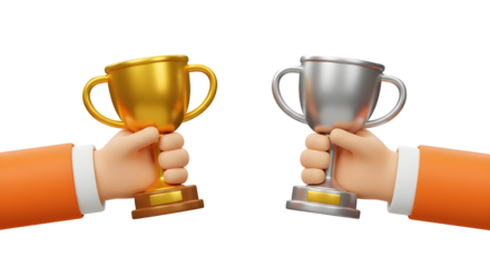 3D Hands holding Trophy cup. Teamwork and business success concept. Characters with gold and silver awards. Victory prize. Cartoon creative design icon isolated on white background. 3D Rendering