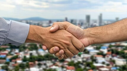 Hands shaking in partnership over city landscape