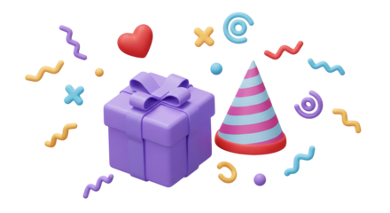 3D Open gift box with party confetti. Birthday surprise. Decorative festive object. Celebration present with stars and ribbon. Cartoon creative design icon isolated on white background. 3D Rendering