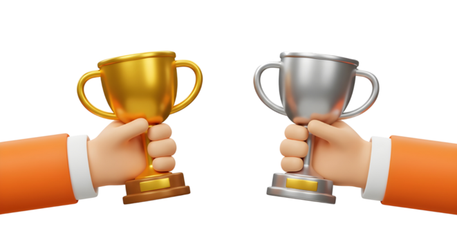 3D Hands holding Trophy cup. Teamwork and business success concept. Characters with gold and silver awards. Victory prize. Cartoon creative design icon isolated on white background. 3D Rendering