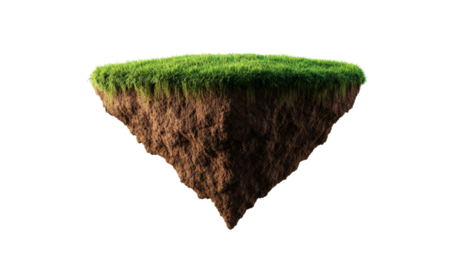 Floating island with grass and soil, cut out transparent