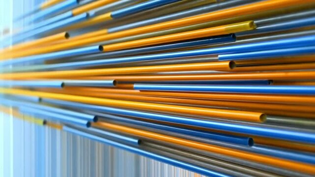 Abstract Lines: A dynamic abstract composition featuring a multitude of parallel lines in vibrant shades of blue and gold, creating a sense of depth and movement.