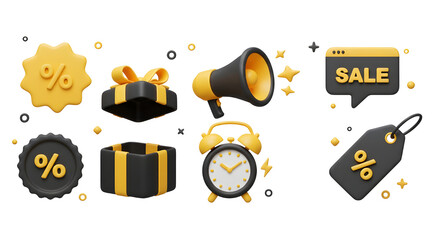 3D Black Friday sale set icon. Shopping promotion and discount. Megaphone, price tag, gift box and alarm clock with flash. Cartoon creative design icon isolated on white background. 3D Rendering