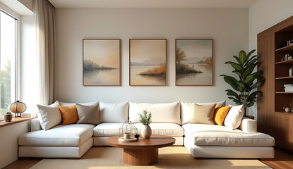 Stylish Living Room Interior with Modular White Sofa and Wooden Furniture