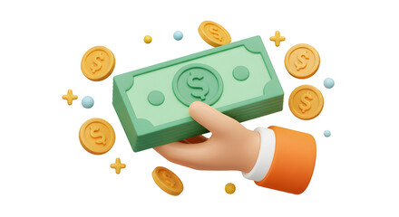 3D Hand holding dollar banknote with coin. Saving money concept. Fast payment and loan. Money investment and business commerce. Cartoon creative design icon isolated on white background. 3D Rendering