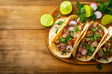 Flat lay of three pork carnitas tacos with eco-decor