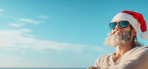 Obraz premium Person in santa hat and sunglasses gazing upward