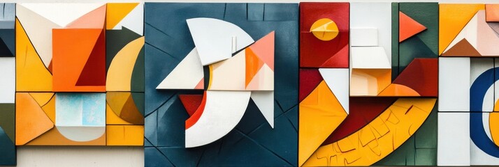 Cubism-inspired modern artwork displaying fragmented shapes and dynamic angles in vibrant colors