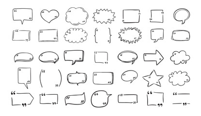 Set quote hand drawn speech bubble with quotation marks. Doodle sketch frames. Quote, commas. 