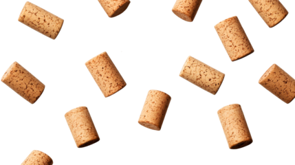 Wine corks floating against dark background, brown cylindrical objects, cut out transparent