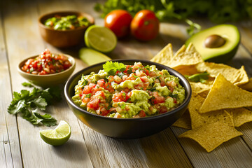 Delicious guacamole with fresh ingredients and tortilla chips