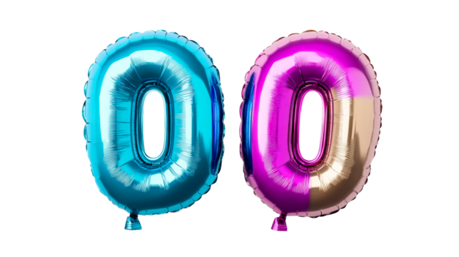 Number zero balloons, blue and pink foil, birthday party ,cut out transparent