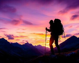 Silhouetted hiker admires vibrant sunset over majestic mountain range