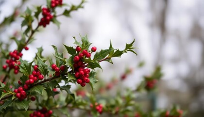 Obraz premium A close-up of holly branches adorned with bright red berries against a blurred background.