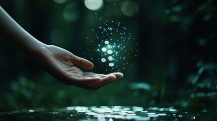Fortune Teller Tossing Runes into Moonlit Pool in Forest Clearing