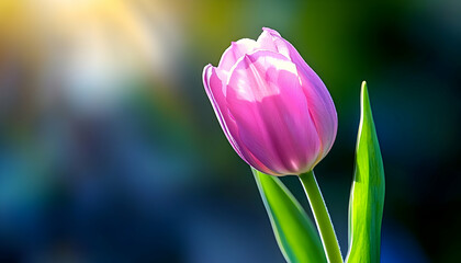 Naklejka premium Single pink tulip illuminated by sunlight against a blurred background