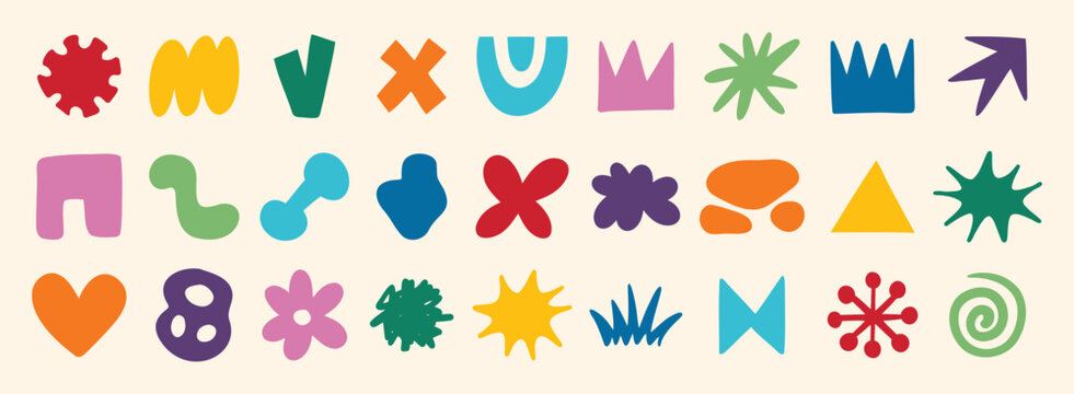 Naklejki colorful organic doodle hand drawn colorful set. shapes and squiggles childish style. Abstract funny cute kids shapes elements. naive art