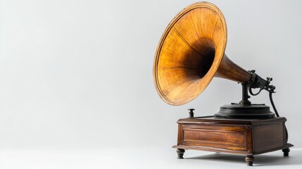 Vintage phonograph on white background capturing musical nostalgia.