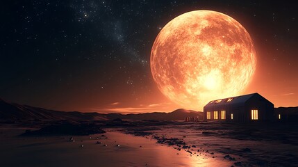 House under giant orange moon.