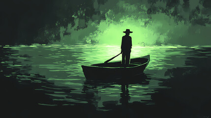 Obraz premium Person standing in boat on water with hat in green light. Silent Incubation. Illustration