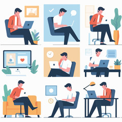 vector young man playing laptop 