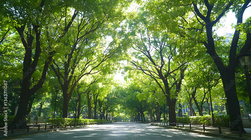 Poster lush green trees lining a pathway with sunlight filtering through branches creating shadow and light