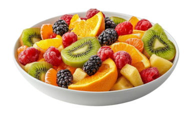 A bowl filled with a colorful mixed fruit salad containing kiwi berries and other fresh fruits Isolated on transparent background PNG