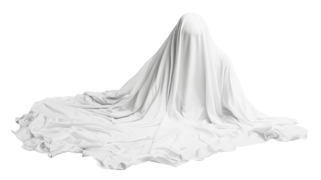 Ghostly figure covered in white sheet, floating ethereal presence, cut out transparent