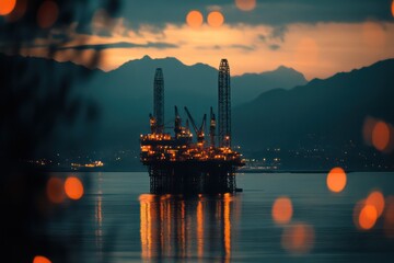 Obraz premium Offshore oil rig at sunset, coastal mountains background. Energy industry, resource extraction