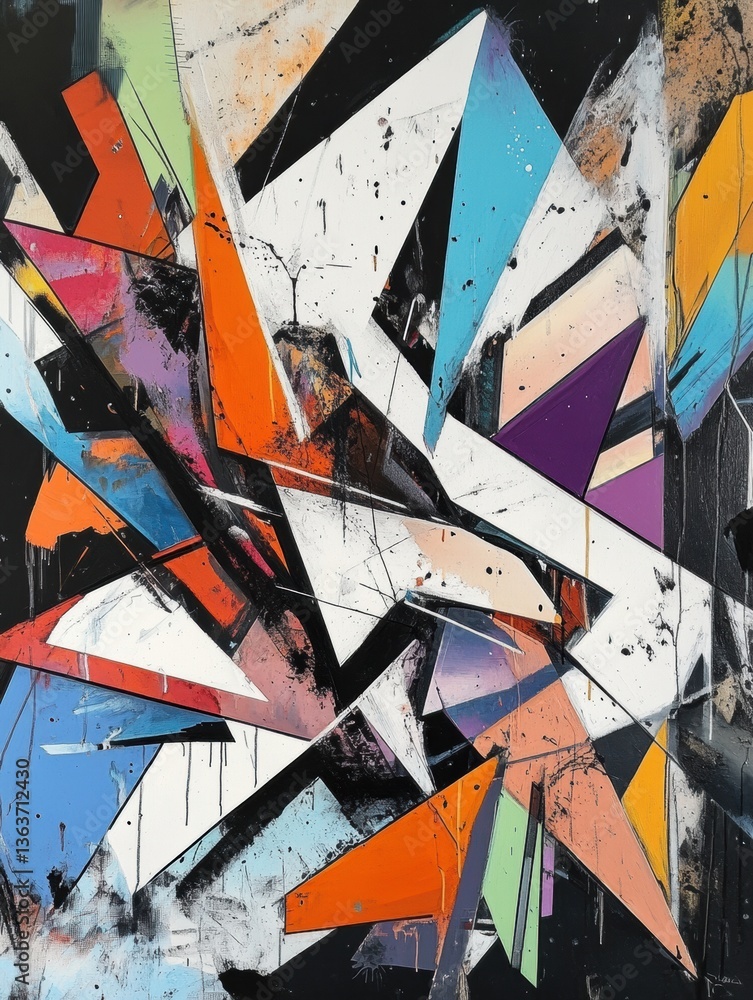 Poster cubism-inspired modern artwork featuring fragmented shapes and dynamic angles with vibrant colors an
