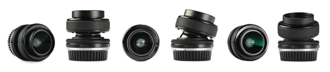 Photo camera lens isolated on white, collage