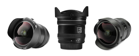 Photo camera lens isolated on white, collage