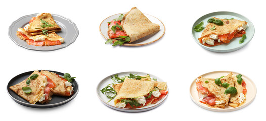 Different crepes with salmon isolated on white, set