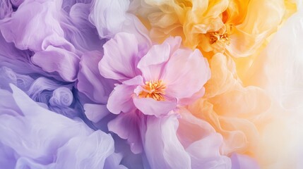 Fototapeta premium Abstract floral arrangement featuring soft lavender, gold and white petals in a fluid, flowing design