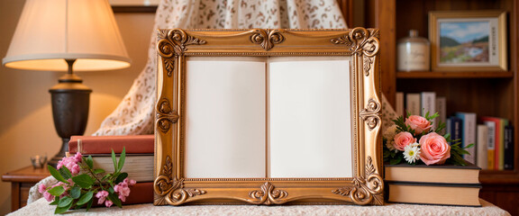 Elegant wedding program displayed in vintage frame on antique desk, celebration