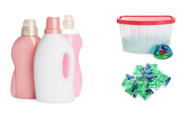 Fabric softeners in bottles, washing powder and laundry detergent pods isolated on white, set