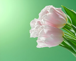 Fototapeta premium Soft pink tulips against a green backdrop