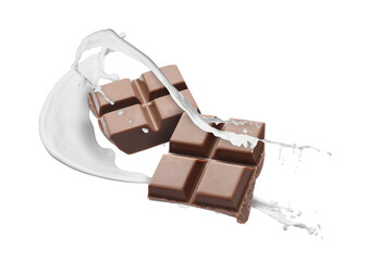 Yummy chocolate pieces and splashes of milk in air on white background